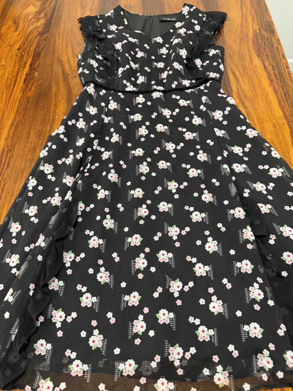 Poem Lady Black Floral Midi Dress L Lace Trim V-Neck Cottagecore Boho
